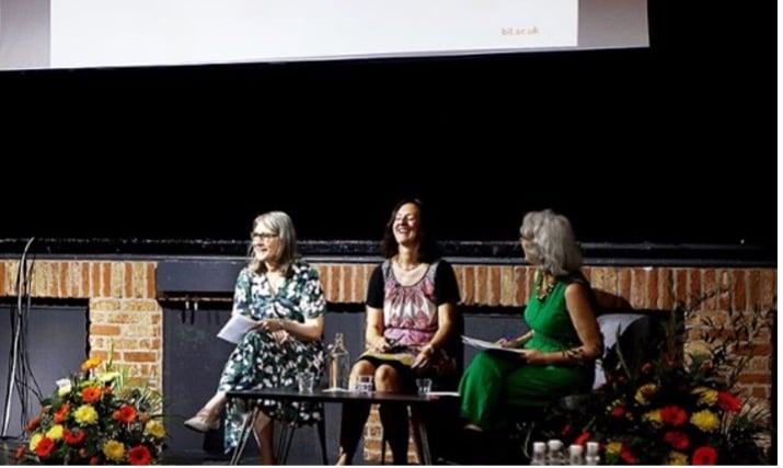 Enjoying a conversation with delegates about ‘Breaking down barriers together’: Claire Taylor, DVC Wrexham Glyndŵr  University; Diana Beech CEO of London Higher; and Dr Joan O’ Mahony, Director of Academic Development, Bloomsbury Institute.